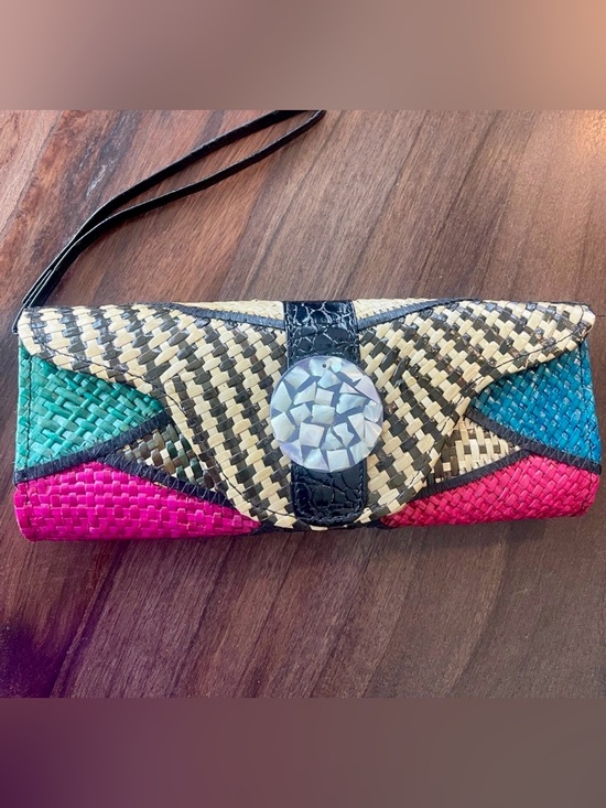 Handbags - Woven Straw Multicolor Wristlet Clutch with Gem Accent